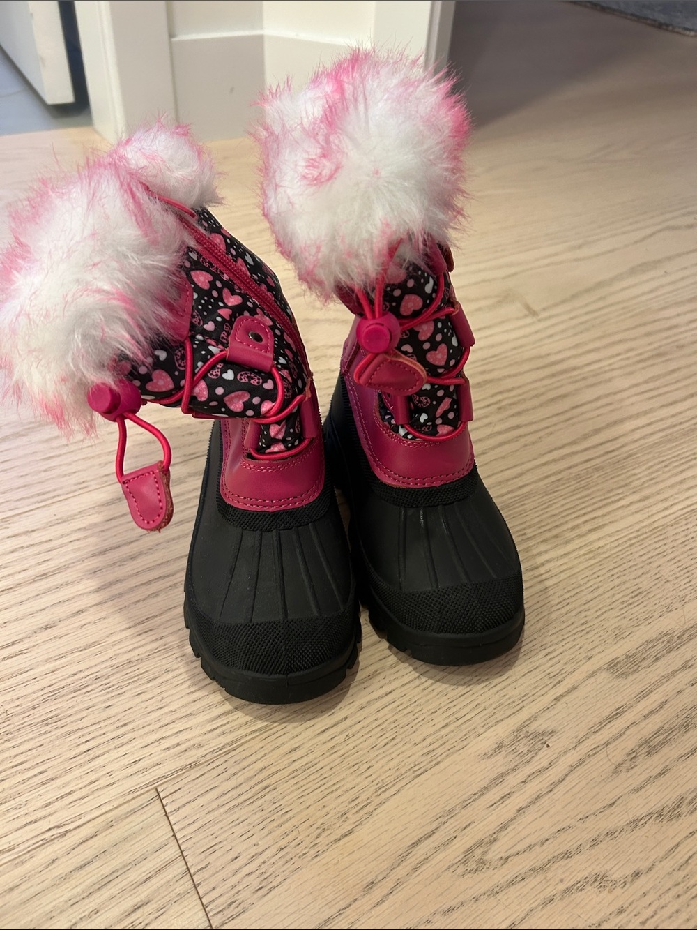 Kids Pink Heart Winter Boots with Faux Fur Trim